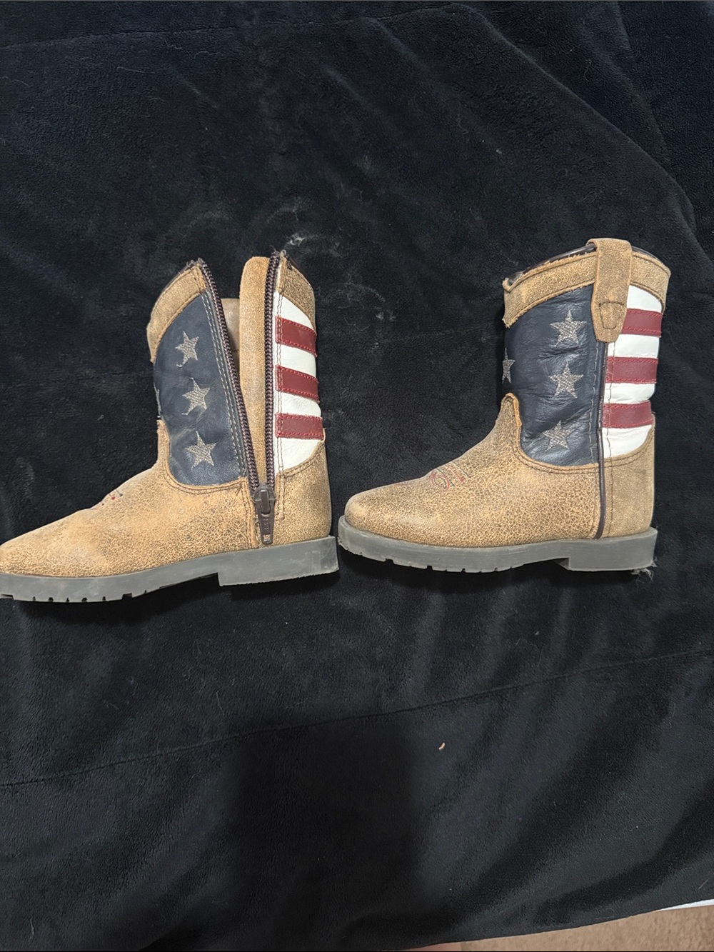 Kids Western Flag-Accent Cowboy Boots - Brown with Red & Blue